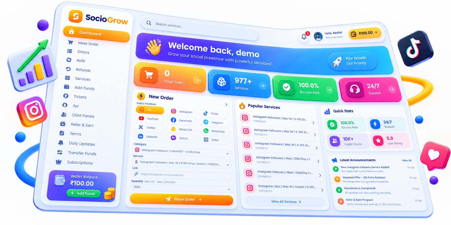 Placing an order in the panel — pick a service, paste the link, done